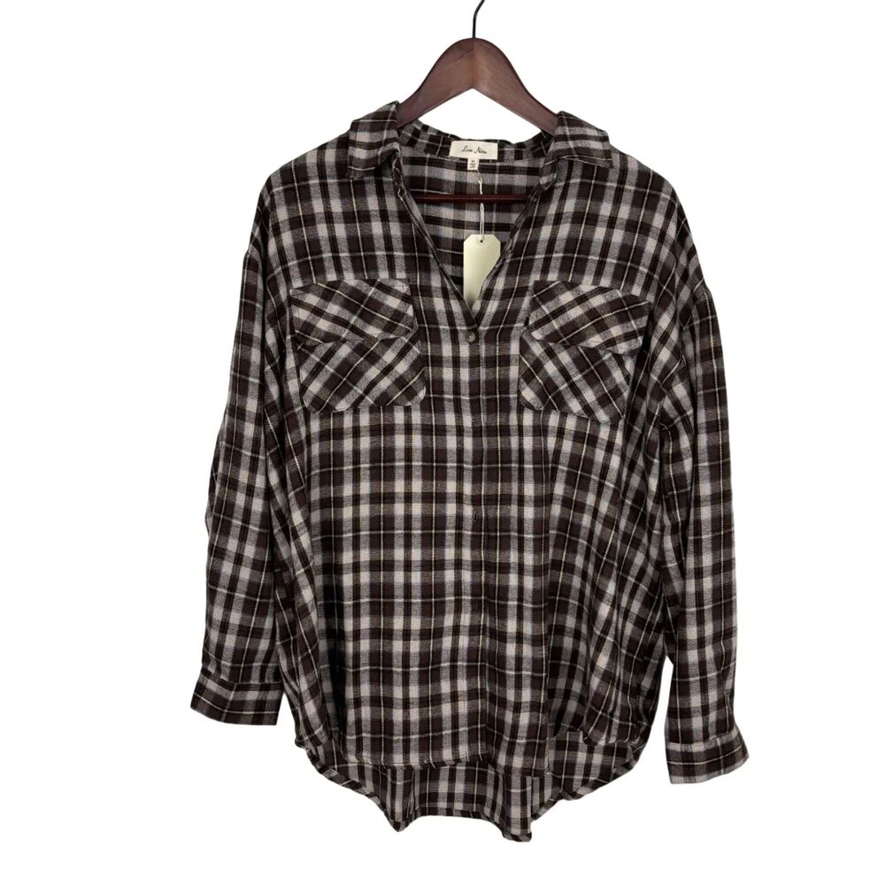 NWT Anthropologie Love Notes Brown Plaid Button Down Shirt Women Medium Oversize